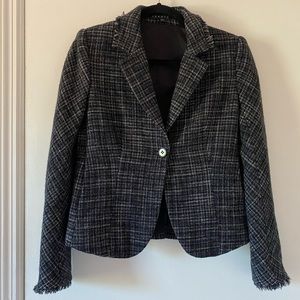 Theory Laseili Wool Fitted Blazer, Navy Grey Black Plaid Size 6